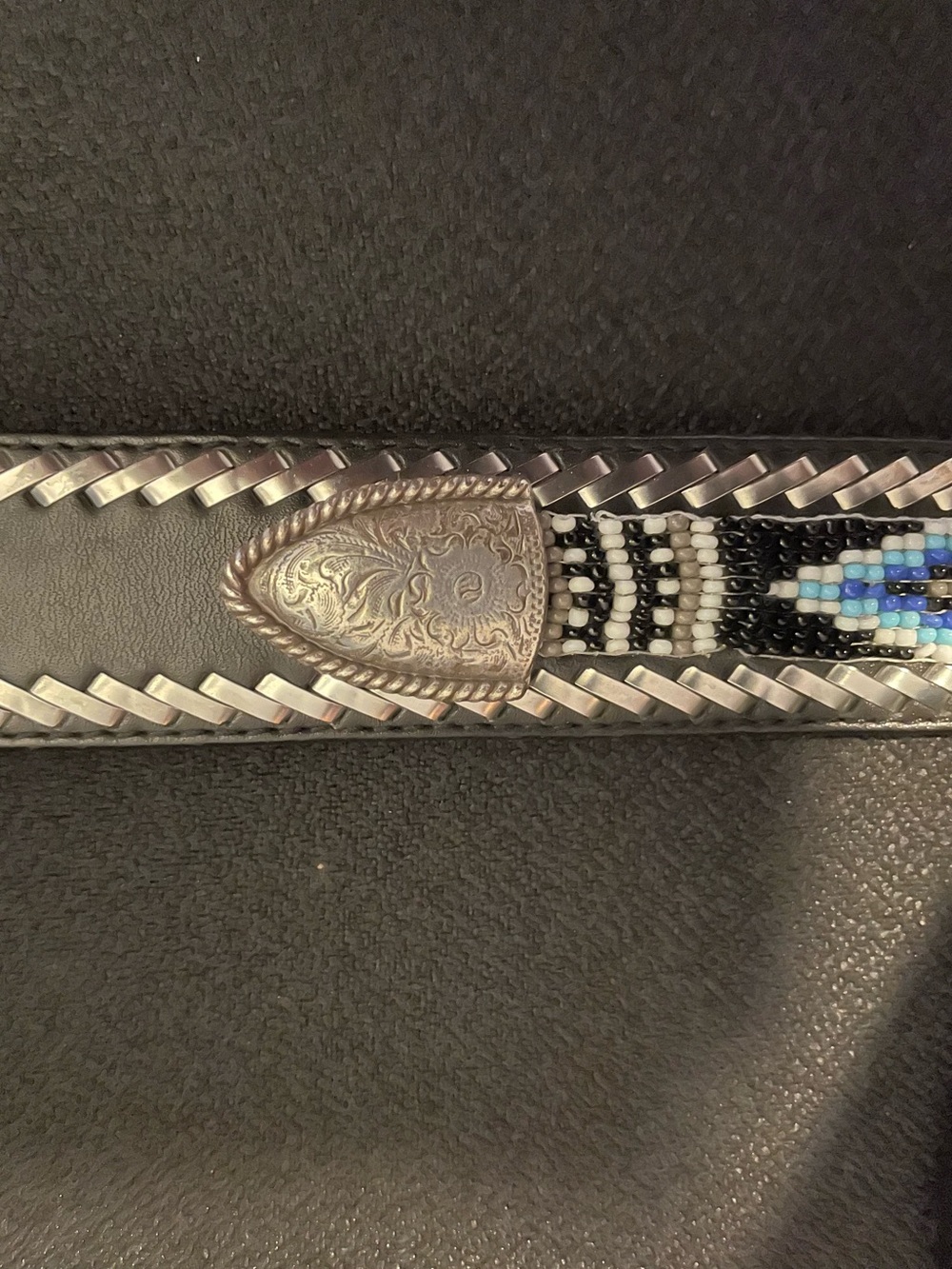 Tony Lama Black Leather Beaded Belt with Blue, White and Red Accents - Picture 7 of 8